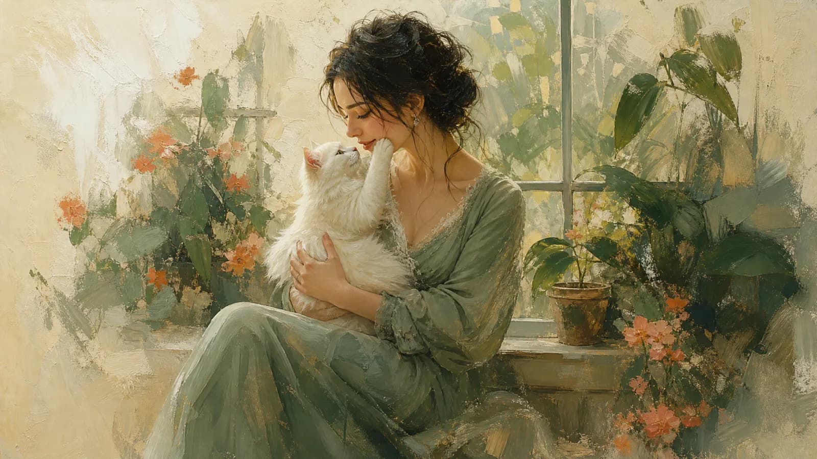 Painterly portrait of a woman holding a white cat by a greenhouse window