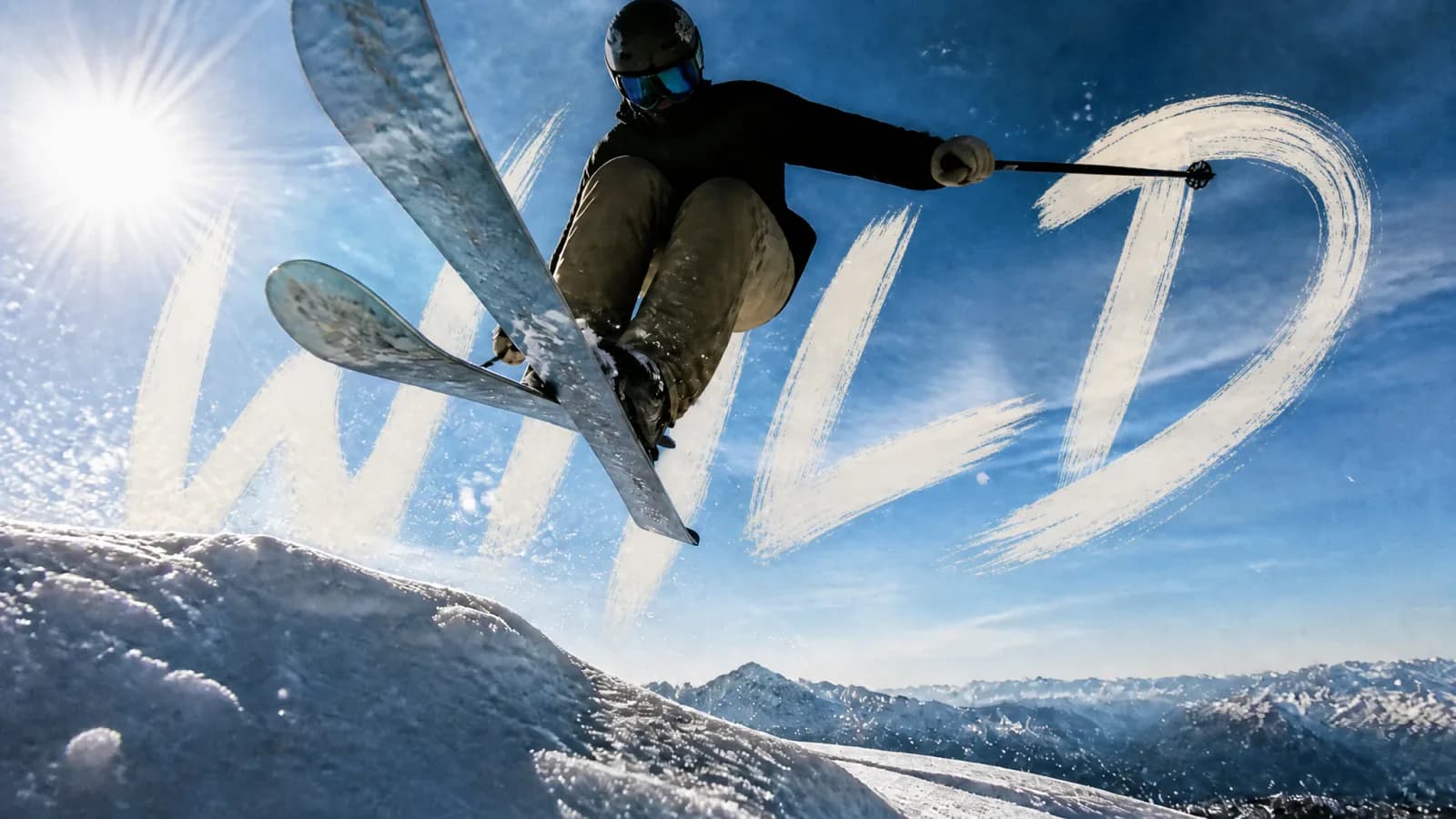 Skier jumping through a blue winter landscape before an image edit