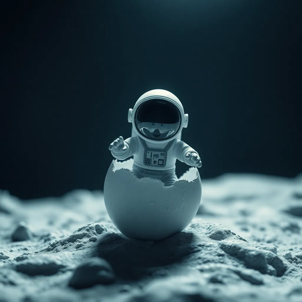 a tiny astronaut hatching from an egg on the moon