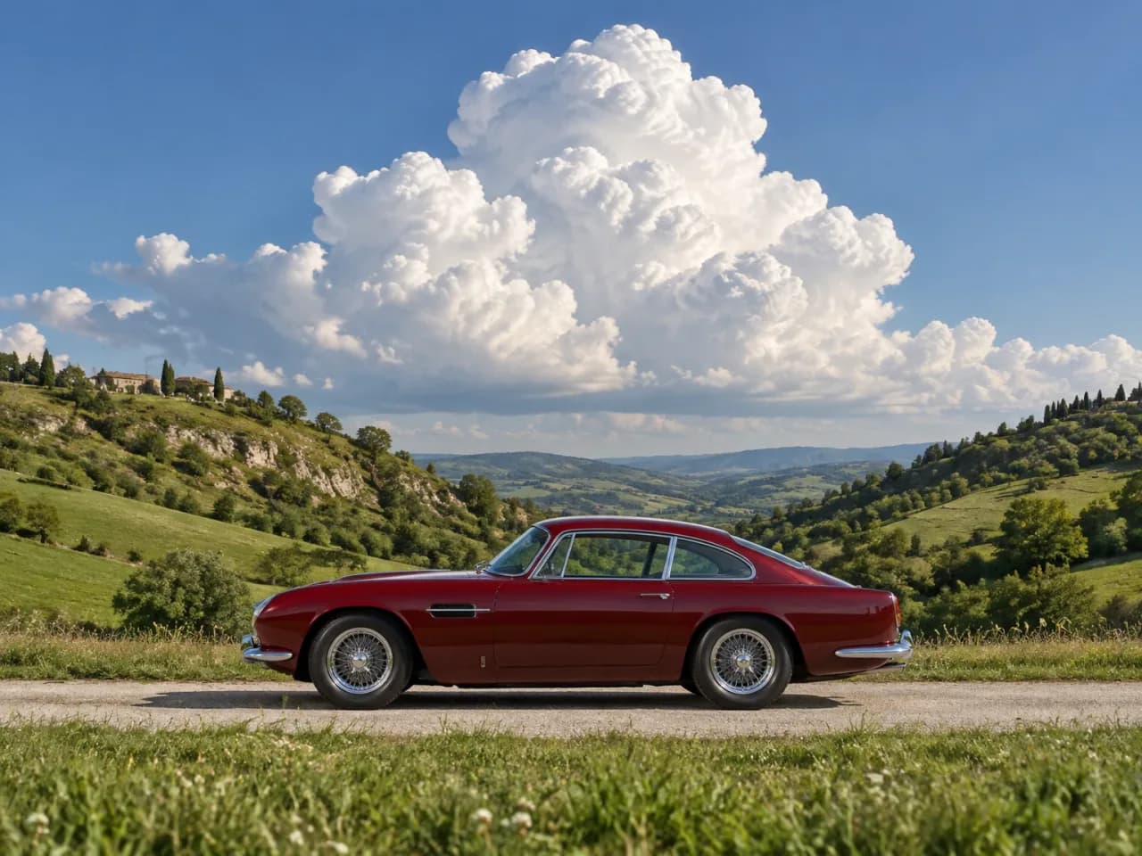 Coche clásico rojo entre colinas verdes bajo grandes nubes blancas