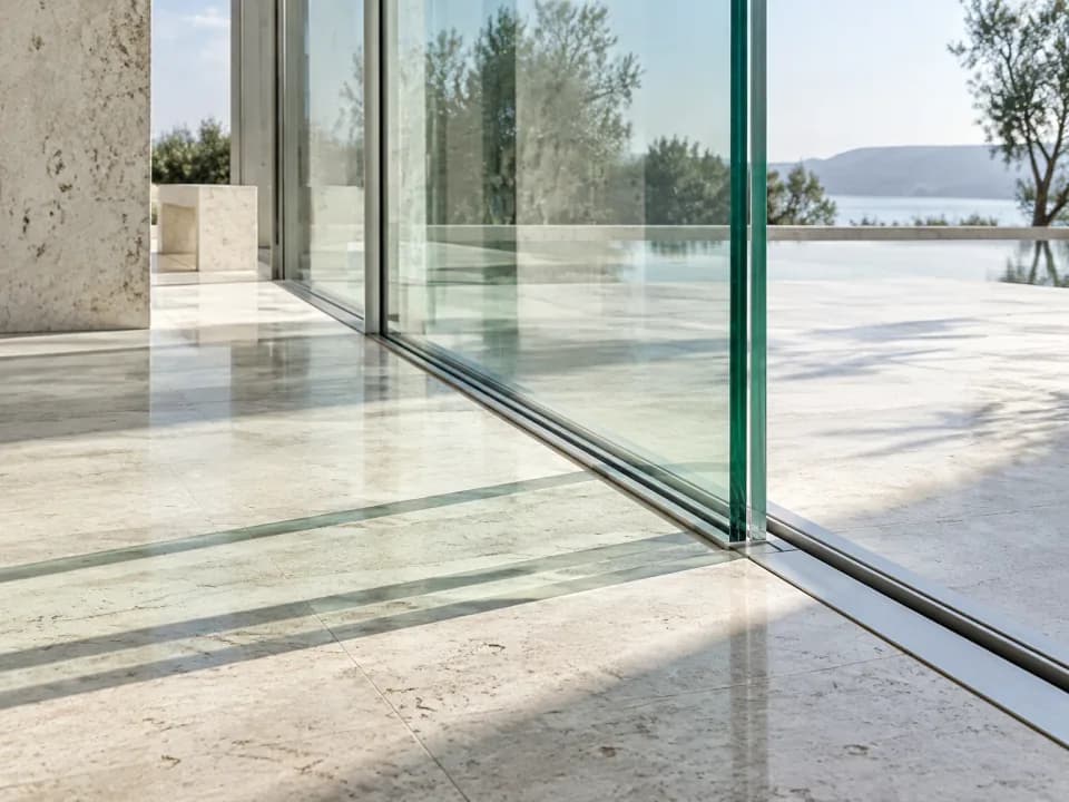 Sunlit glass architecture with reflective stone floors