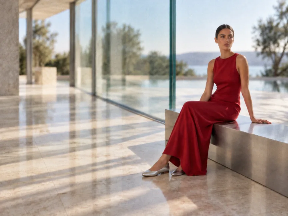 Woman in a cherry-red dress in sunlit glass architecture before upscaling