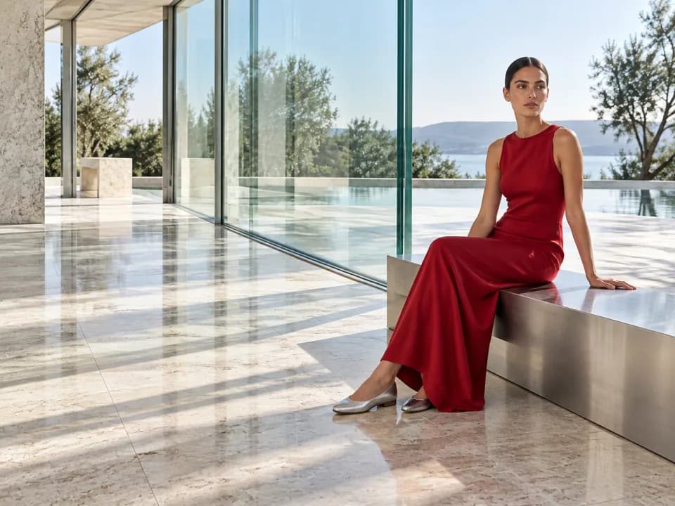 Woman in a cherry-red dress in sunlit glass architecture